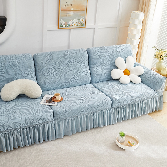 91家纺网 家纺一手货源 找家纺 丝绮鹿 2025新款雕花绒大叶子沙发套裙边款（直排） 雾霾蓝