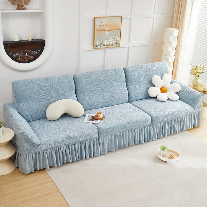 91家纺网 家纺一手货源 找家纺 丝绮鹿 2025新款雕花绒大叶子沙发套裙边款（直排） 雾霾蓝