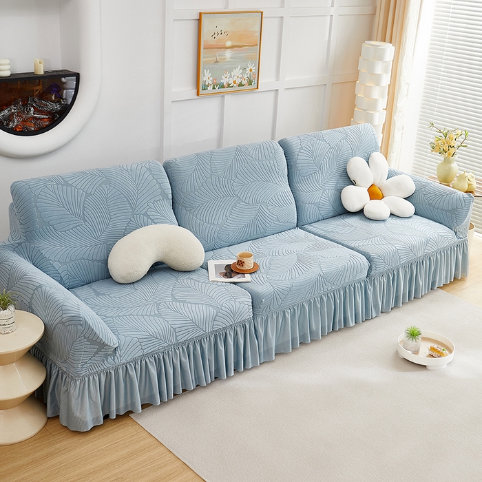91家纺网 家纺一手货源 找家纺 丝绮鹿 2025新款雕花绒大叶子沙发套裙边款（直排） 雾霾蓝