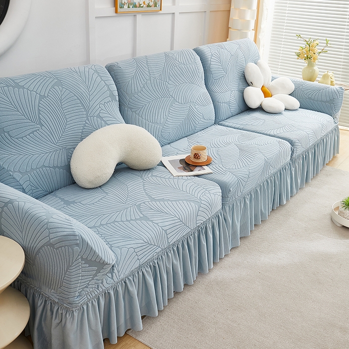 91家纺网 家纺一手货源 找家纺 丝绮鹿 2025新款雕花绒大叶子沙发套裙边款（直排） 雾霾蓝