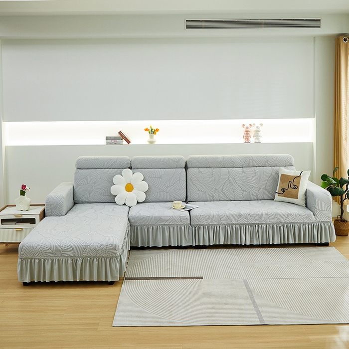 丝绮鹿 2025新款雕花绒大叶子沙发套裙边款（贵妃图） 大叶子浅灰