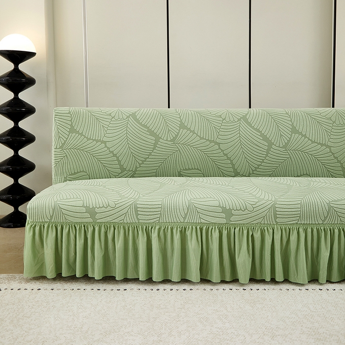 91家纺网 家纺一手货源 找家纺 丝绮鹿 2025新款雕花绒大叶子沙发床裙边款 薄荷绿