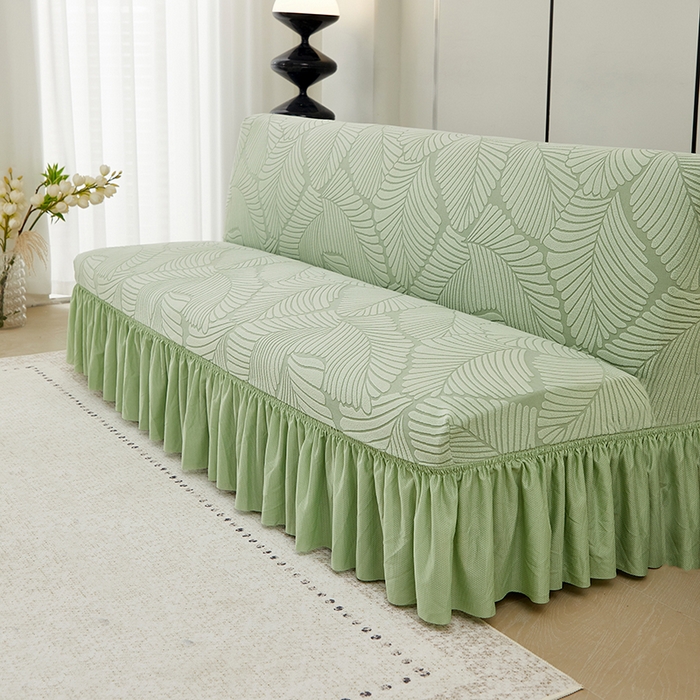 91家纺网 家纺一手货源 找家纺 丝绮鹿 2025新款雕花绒大叶子沙发床裙边款 薄荷绿