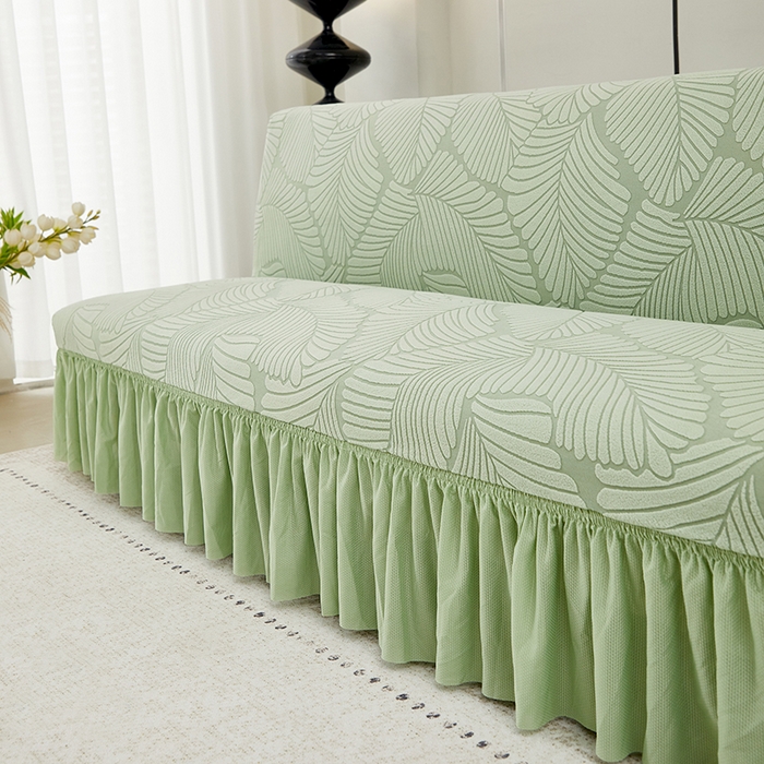 91家纺网 家纺一手货源 找家纺 丝绮鹿 2025新款雕花绒大叶子沙发床裙边款 薄荷绿