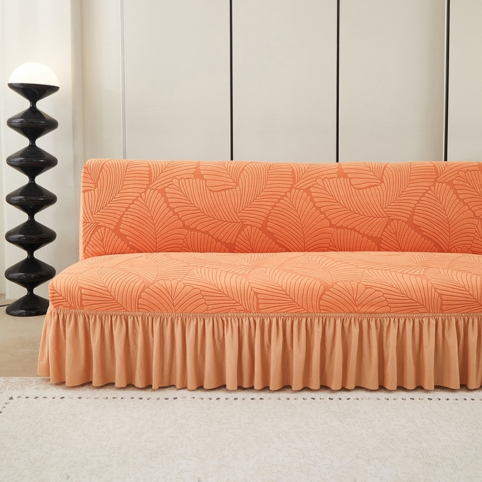 91家纺网 家纺一手货源 找家纺 丝绮鹿 2025新款雕花绒大叶子沙发床裙边款 橘色