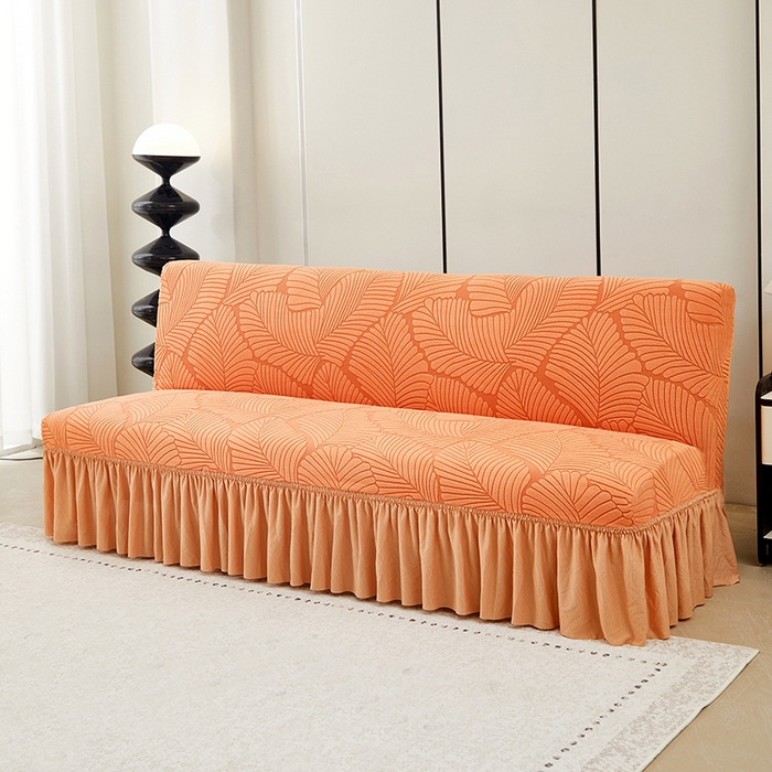 91家纺网 家纺一手货源 找家纺 丝绮鹿 2025新款雕花绒大叶子沙发床裙边款 橘色