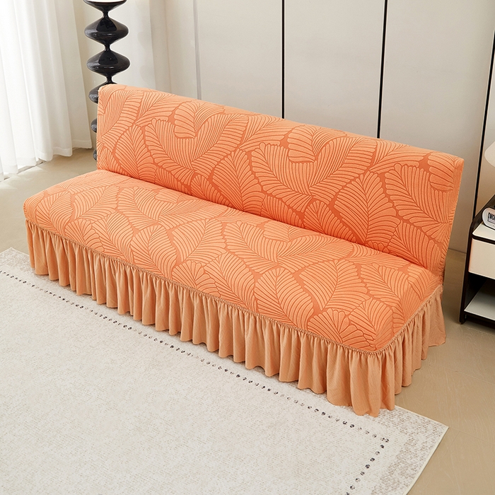 91家纺网 家纺一手货源 找家纺 丝绮鹿 2025新款雕花绒大叶子沙发床裙边款 橘色
