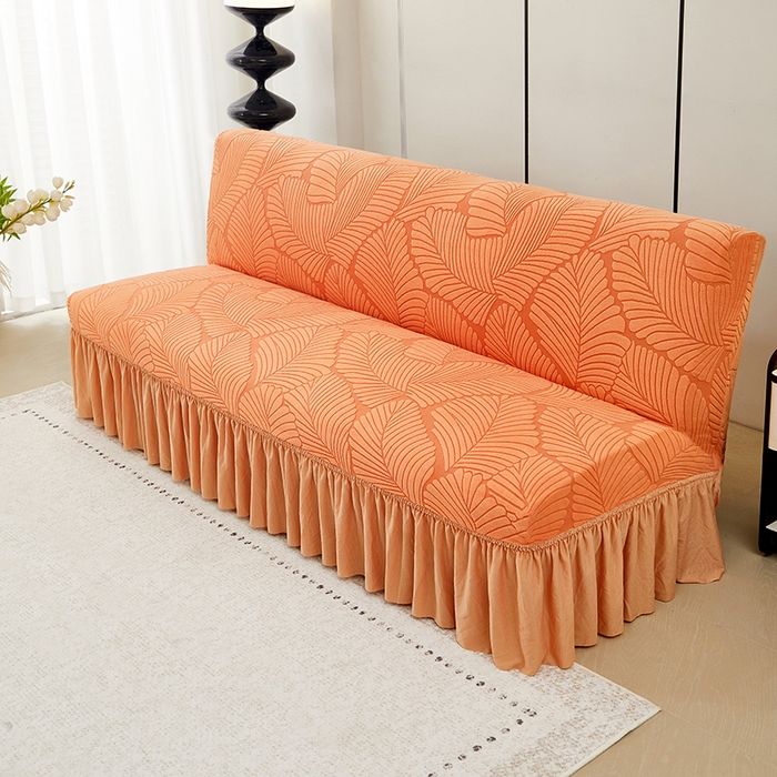 91家纺网 家纺一手货源 找家纺 丝绮鹿 2025新款雕花绒大叶子沙发床裙边款 橘色