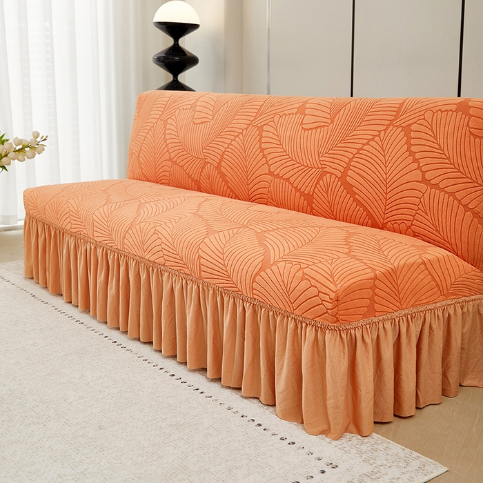 91家纺网 家纺一手货源 找家纺 丝绮鹿 2025新款雕花绒大叶子沙发床裙边款 橘色