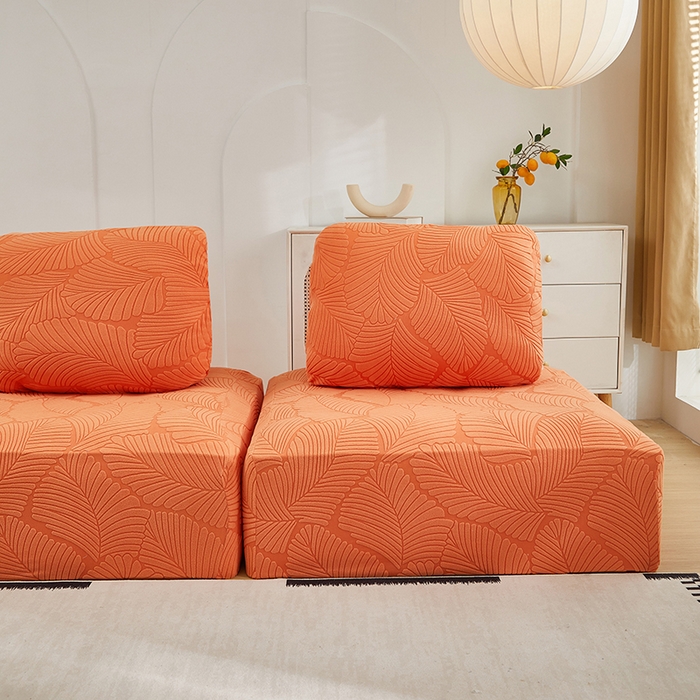 91家纺网 家纺一手货源 找家纺 丝绮鹿 2025新款雕花绒大叶子方块沙发套 橙色