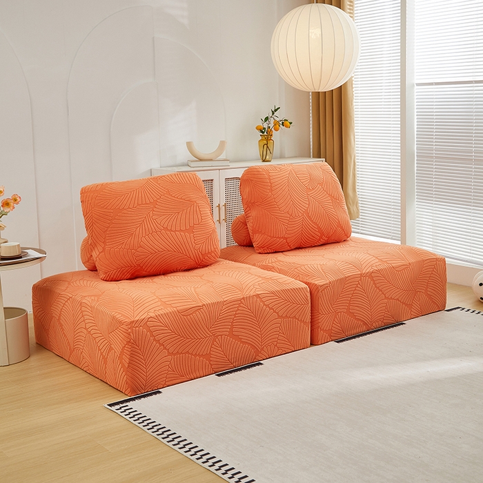 91家纺网 家纺一手货源 找家纺 丝绮鹿 2025新款雕花绒大叶子方块沙发套 橙色