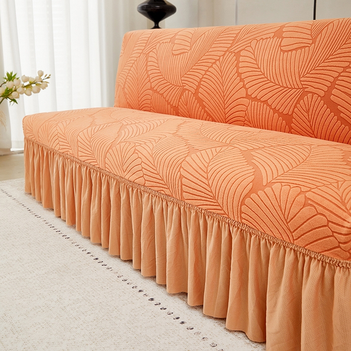 91家纺网 家纺一手货源 找家纺 丝绮鹿 2025新款雕花绒大叶子沙发床裙边款 橘色