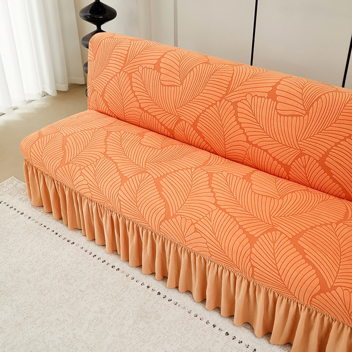 91家纺网 家纺一手货源 找家纺 丝绮鹿 2025新款雕花绒大叶子沙发床裙边款 橘色