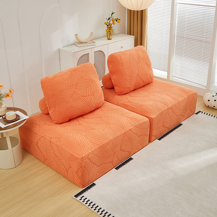 91家纺网 家纺一手货源 找家纺 丝绮鹿 2025新款雕花绒大叶子方块沙发套 橙色