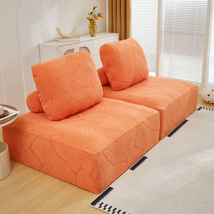 91家纺网 家纺一手货源 找家纺 丝绮鹿 2025新款雕花绒大叶子方块沙发套 橙色