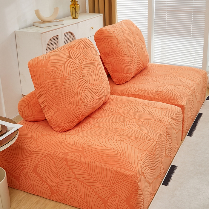 91家纺网 家纺一手货源 找家纺 丝绮鹿 2025新款雕花绒大叶子方块沙发套 橙色