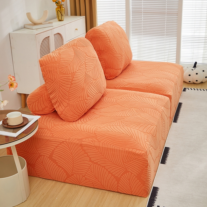 91家纺网 家纺一手货源 找家纺 丝绮鹿 2025新款雕花绒大叶子方块沙发套 橙色