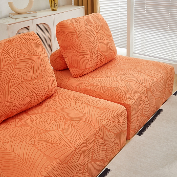 91家纺网 家纺一手货源 找家纺 丝绮鹿 2025新款雕花绒大叶子方块沙发套 橙色