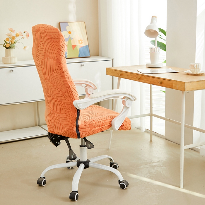 91家纺网 家纺一手货源 找家纺 丝绮鹿 2025新款雕花绒大叶子办公椅子套拉链款 橘色
