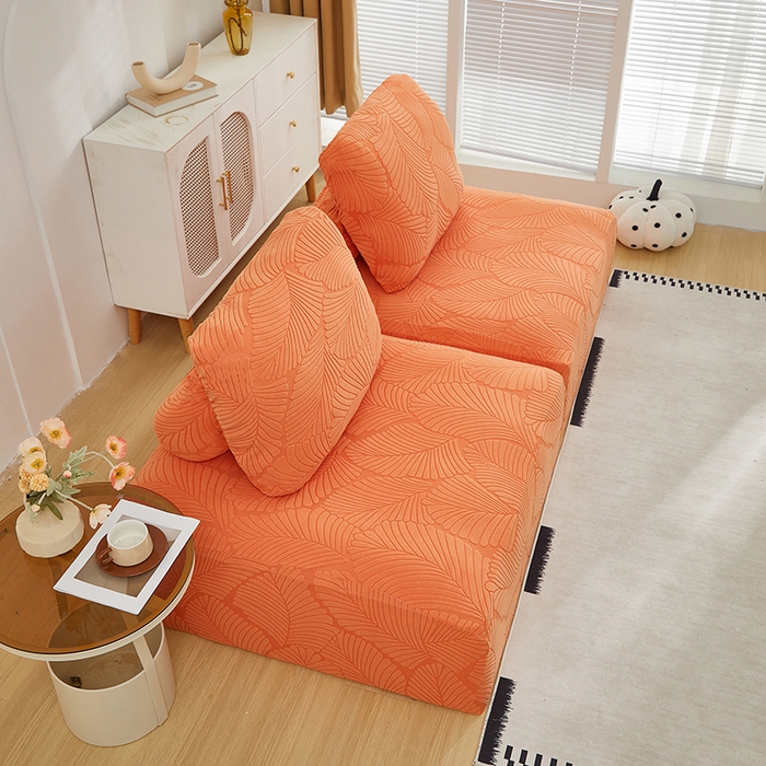 91家纺网 家纺一手货源 找家纺 丝绮鹿 2025新款雕花绒大叶子方块沙发套 橙色