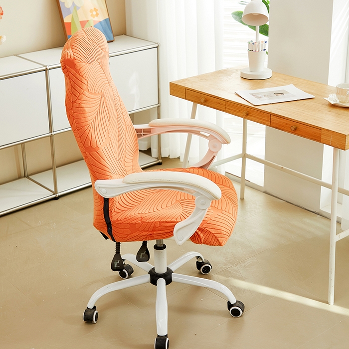 91家纺网 家纺一手货源 找家纺 丝绮鹿 2025新款雕花绒大叶子办公椅子套拉链款 橘色