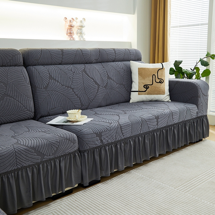 91家纺网 家纺一手货源 找家纺 丝绮鹿 2025新款雕花绒大叶子沙发套裙边款（贵妃图） 大叶子深灰