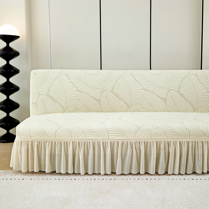 91家纺网 家纺一手货源 找家纺 丝绮鹿 2025新款雕花绒大叶子沙发床裙边款 米白