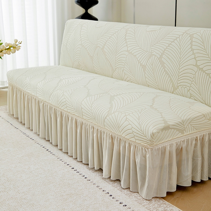 91家纺网 家纺一手货源 找家纺 丝绮鹿 2025新款雕花绒大叶子沙发床裙边款 米白