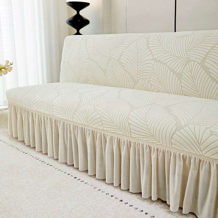 91家纺网 家纺一手货源 找家纺 丝绮鹿 2025新款雕花绒大叶子沙发床裙边款 米白