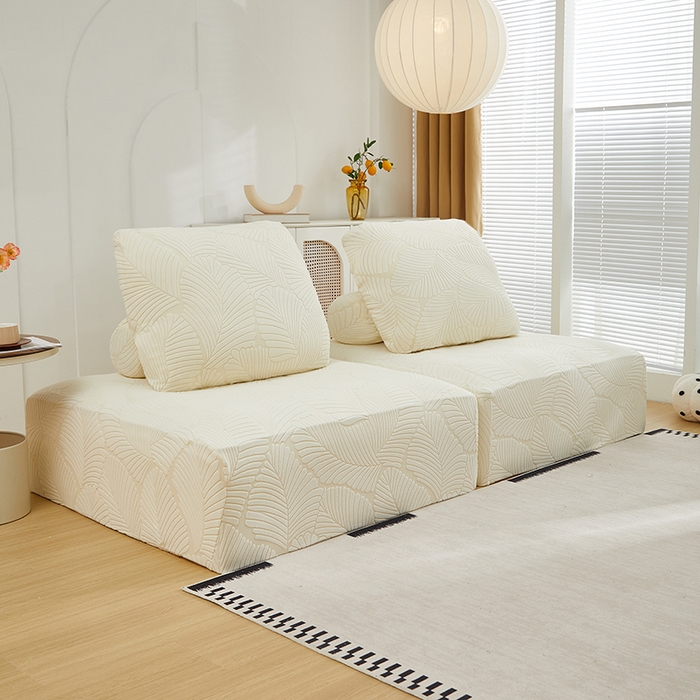 91家纺网 家纺一手货源 找家纺 丝绮鹿 2025新款雕花绒大叶子方块沙发套 米白