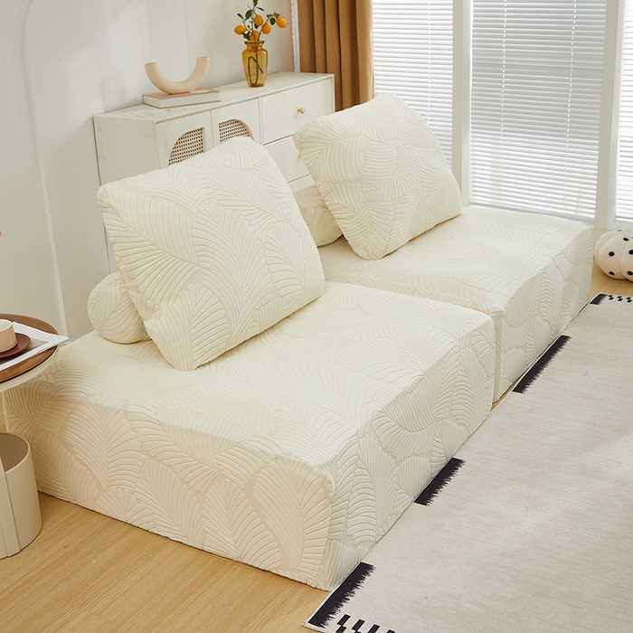 91家纺网 家纺一手货源 找家纺 丝绮鹿 2025新款雕花绒大叶子方块沙发套 米白