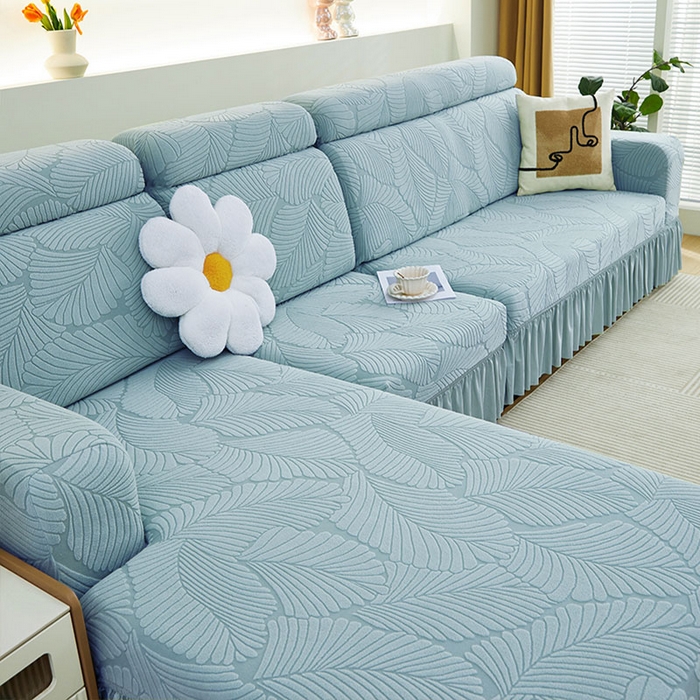 91家纺网 家纺一手货源 找家纺 丝绮鹿 2025新款雕花绒大叶子沙发套裙边款（贵妃图） 大叶子雾霾蓝