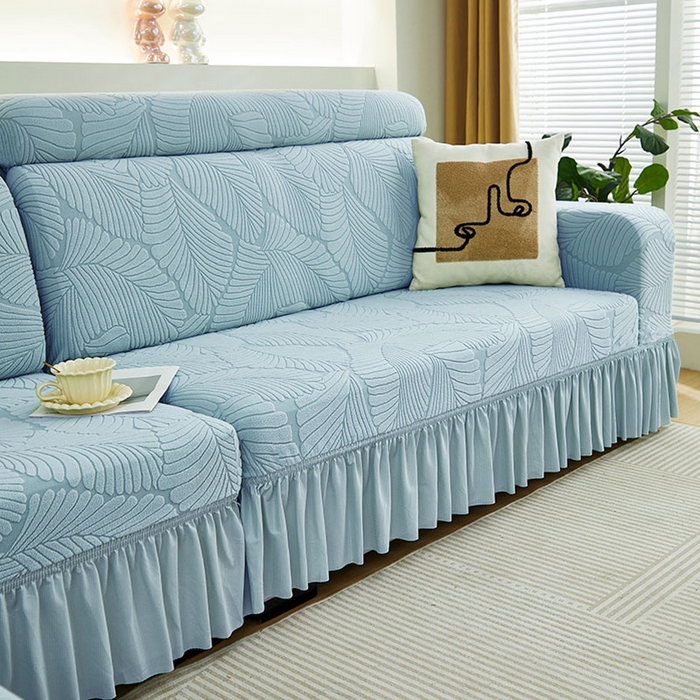 91家纺网 家纺一手货源 找家纺 丝绮鹿 2025新款雕花绒大叶子沙发套裙边款（贵妃图） 大叶子雾霾蓝