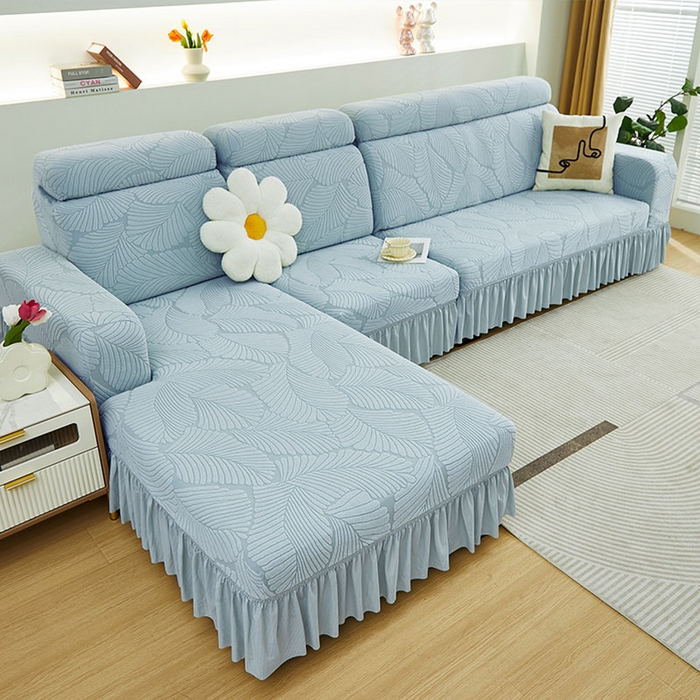 91家纺网 家纺一手货源 找家纺 丝绮鹿 2025新款雕花绒大叶子沙发套裙边款（贵妃图） 大叶子雾霾蓝