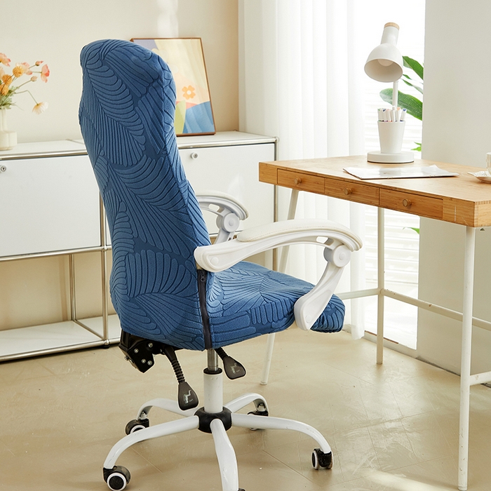 91家纺网 家纺一手货源 找家纺 丝绮鹿 2025新款雕花绒大叶子办公椅子套拉链款 水蓝