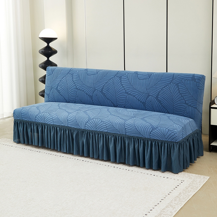 91家纺网 家纺一手货源 找家纺 丝绮鹿 2025新款雕花绒大叶子沙发床裙边款 水蓝