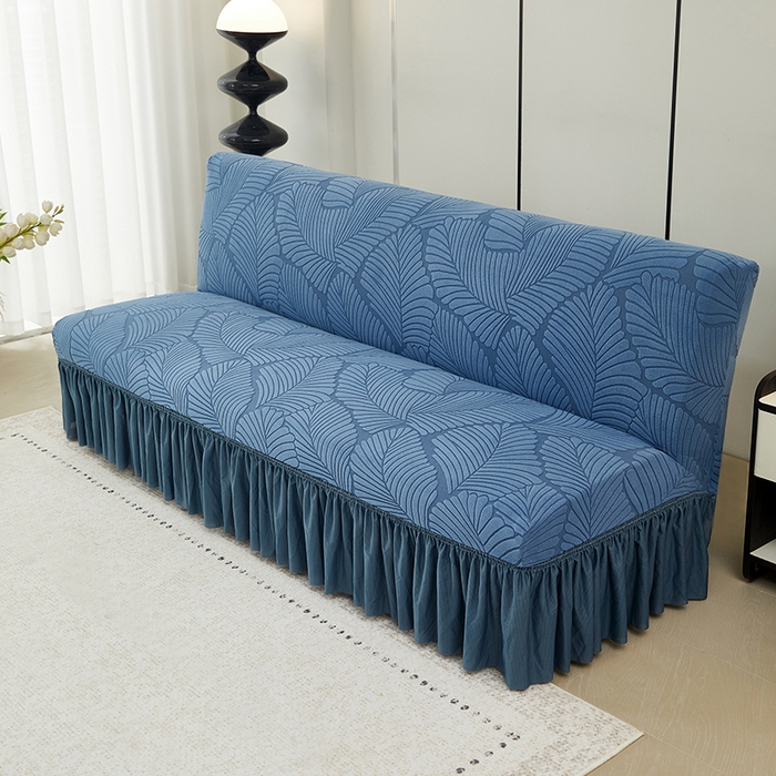 91家纺网 家纺一手货源 找家纺 丝绮鹿 2025新款雕花绒大叶子沙发床裙边款 水蓝