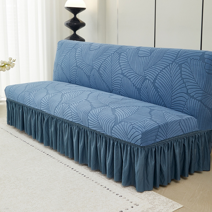 91家纺网 家纺一手货源 找家纺 丝绮鹿 2025新款雕花绒大叶子沙发床裙边款 水蓝