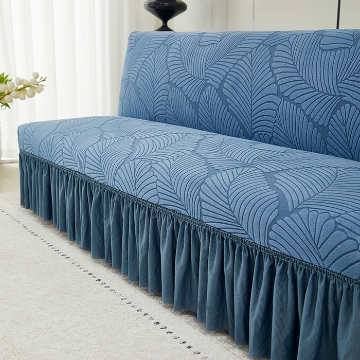 91家纺网 家纺一手货源 找家纺 丝绮鹿 2025新款雕花绒大叶子沙发床裙边款 水蓝