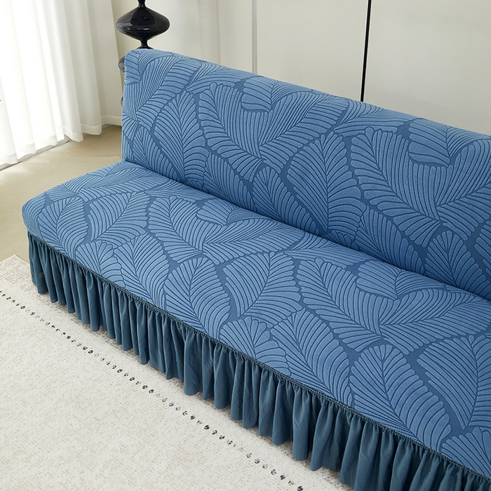 91家纺网 家纺一手货源 找家纺 丝绮鹿 2025新款雕花绒大叶子沙发床裙边款 水蓝
