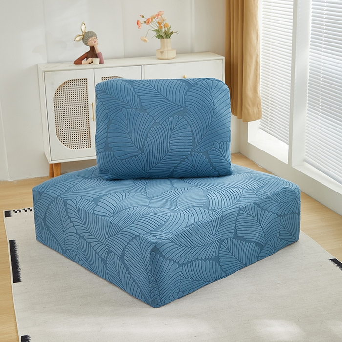 91家纺网 家纺一手货源 找家纺 丝绮鹿 2025新款雕花绒大叶子方块沙发套 水蓝