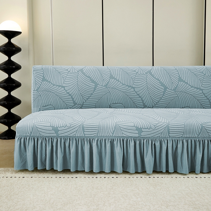 91家纺网 家纺一手货源 找家纺 丝绮鹿 2025新款雕花绒大叶子沙发床裙边款 雾霾蓝