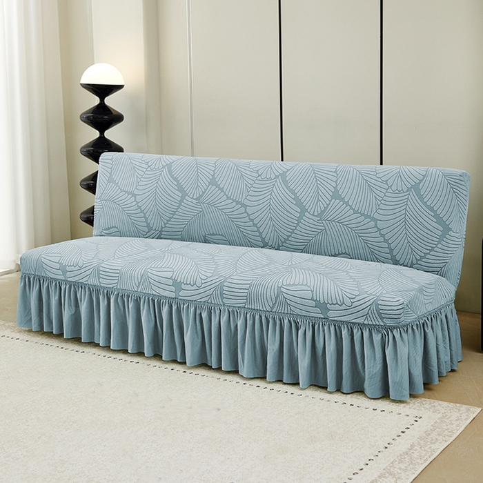 91家纺网 家纺一手货源 找家纺 丝绮鹿 2025新款雕花绒大叶子沙发床裙边款 雾霾蓝