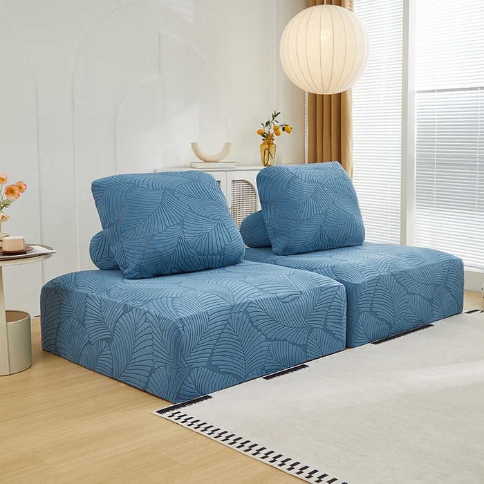 91家纺网 家纺一手货源 找家纺 丝绮鹿 2025新款雕花绒大叶子方块沙发套 水蓝