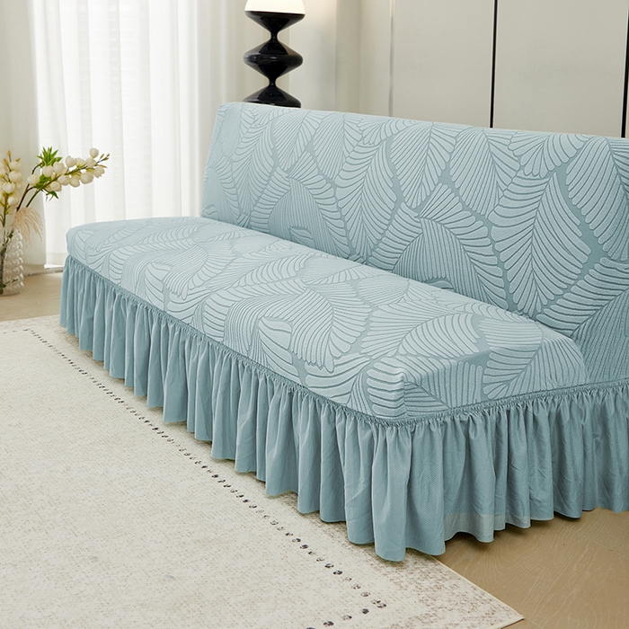 91家纺网 家纺一手货源 找家纺 丝绮鹿 2025新款雕花绒大叶子沙发床裙边款 雾霾蓝