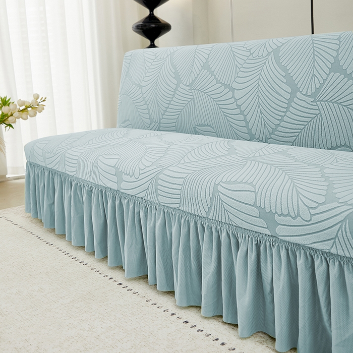 91家纺网 家纺一手货源 找家纺 丝绮鹿 2025新款雕花绒大叶子沙发床裙边款 雾霾蓝