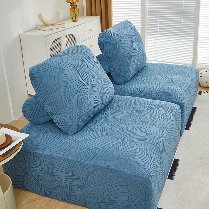 91家纺网 家纺一手货源 找家纺 丝绮鹿 2025新款雕花绒大叶子方块沙发套 水蓝