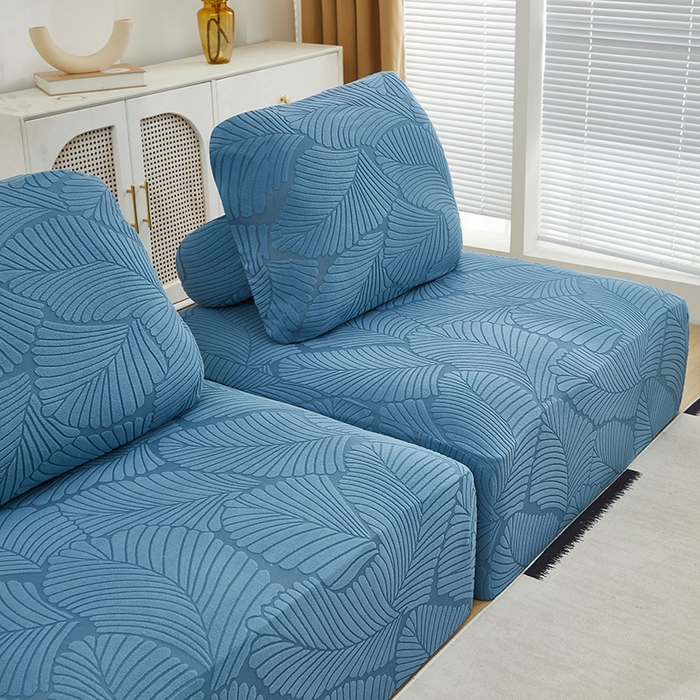91家纺网 家纺一手货源 找家纺 丝绮鹿 2025新款雕花绒大叶子方块沙发套 水蓝