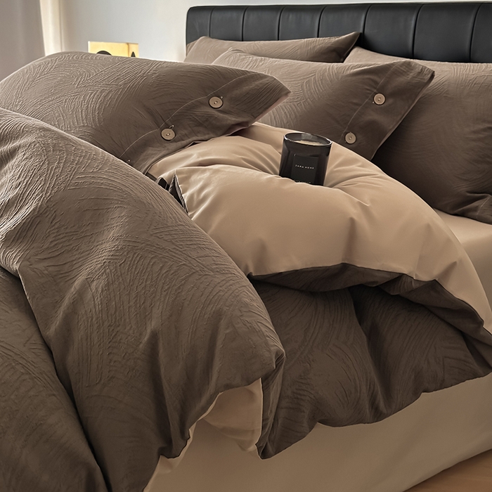 91家纺网 家纺一手货源 找家纺 咏绒家纺工厂店 2025新款色织提花双层纱全棉四件套-如梦-浮岚 如梦-卡其灰