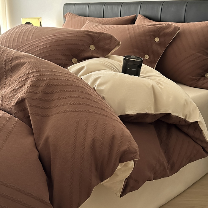 91家纺网 家纺一手货源 找家纺 咏绒家纺工厂店 2025新款色织提花双层纱全棉四件套-如梦-浮岚 浮岚-红棕